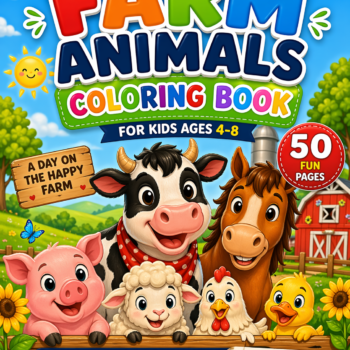 Farm animals coloring book for kids ages 4-8 with cute cow pig sheep chicken printable PDF
